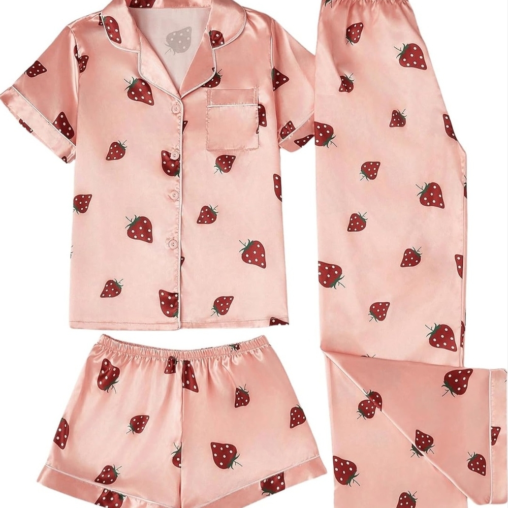 Strawberry Print Pajamas 3pc Set - Peach Color